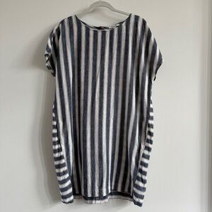 Madewell Linen Cotton Stripe Play Button Back Pocket Dress In Transatlantic Blue